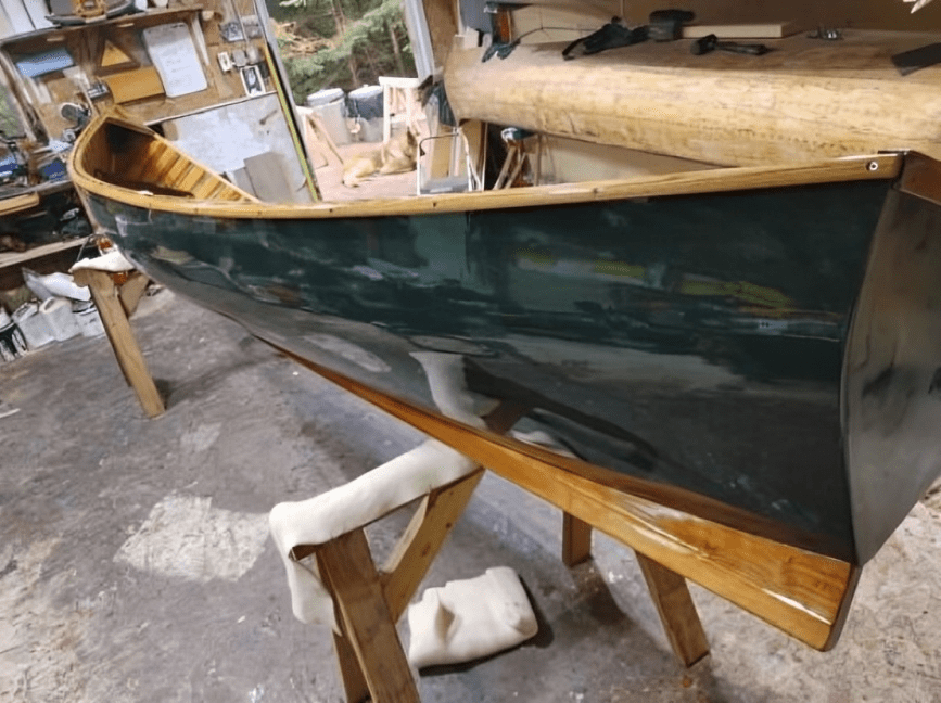 Wooden canoe in workshop