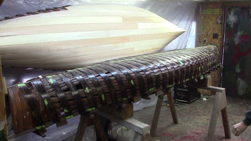 Canoe framework on sawhorses in garage