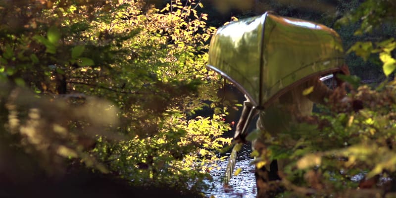 Person portaging canoe in woods